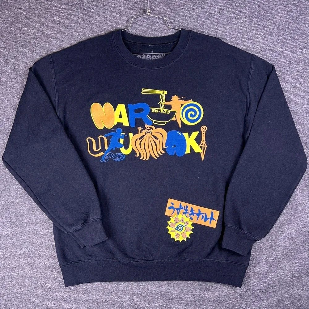 Y2k Naruto Shippuden Sweater‎ Mens L Black Graphic Retro Anime Pullover Uzumaki